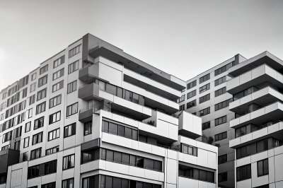 apartment complex, modern architecture, city life, black and white photography, building facade, clouds, balconies, housing, urban architecture, residential area, urban, high-rise building, exterior, modern apartment, windows, nature, city house, housing estate, structural design, North Rhine-Westphalia, Germany, Cologne