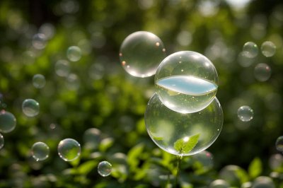 soap bubbles, summer day, green background, outdoor activities, colorful, magical atmosphere, crystal balls, blur effect, children's entertainment, light reflections, natural light, transparency, abundance, playful mood, photographic art, macro photography, bubble magic, children's games