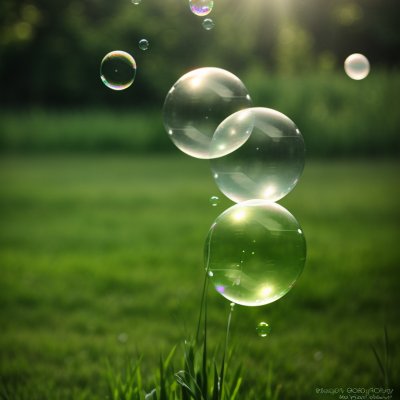 soap bubbles, summer day, green background, outdoor activities, colorful, magical atmosphere, crystal balls, blur effect, children's entertainment, light reflections, natural light, transparency, abundance, playful mood, photographic art, macro photography, bubble magic, children's games