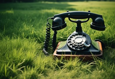 vintage phone, rotary phone, green grass, retro style, old-fashioned phone, communication, outdoor, retro atmosphere, historical phone, grass, retro phone, antique, old design, history, black color, cable, stylish, green environment, nature