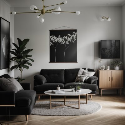 living room, flower background, sofa, nature, modern, decorative art, lighting, armchair, flower wallpaper, interior, coffee table, warm tones, rug, design, artwork, black furniture, seating, flowers, beautiful flowers, artistic style, opulent, photo frames, interior decoration, home