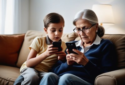 intergenerational, technology, smartphone, learning, assistance, guidance, home, elderly, youth, connection, digital literacy, support, collaboration, indoors, communication, teaching, modern, help, diversity, lifestyle