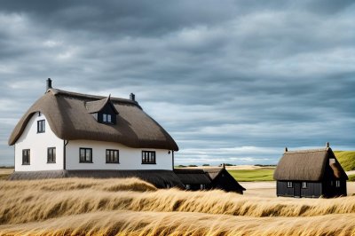 house, thatched roof, dune, sky, north sea, sunny, denmark, sand, architecture, coast, cottage, traditional, blue sky, tourism, country house, grass, idyllic, roofing, nature, western europe, summer