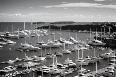 sea, coast, landscape, city, yachts, harbor, black and white, boat, mediterranean, dinghy, cityscape, nature, black and white photography, calm sea, jetty, view from above, long exposure, architecture, sky