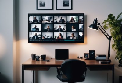 video conference, home office, desk, computer monitor, video call, employee, office work, laptop, coffee cup, potted plant, telephone, internet connection, technology, communication, business, remote work, office equipment, workspace, office environment, meeting, online service