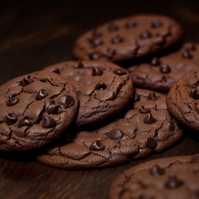 chocolate cookies, chocolate chips, freshly baked, baking sheet, parchment paper, ceramic plate, blue wrinkled cloth, coffee mug, hot beverage, coffee beans, small bowl, dark food photography, rustic wooden table, cozy afternoon, sweet treats, homemade baking, comfort food, winter aesthetic, cozy lighting, textures