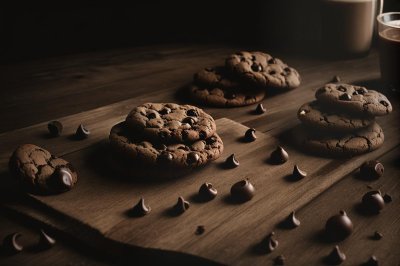chocolate cookies, chocolate chips, freshly baked, baking sheet, parchment paper, ceramic plate, blue wrinkled cloth, coffee mug, hot beverage, coffee beans, small bowl, dark food photography, rustic wooden table, cozy afternoon, sweet treats, homemade baking, comfort food, winter aesthetic, cozy lighting, textures