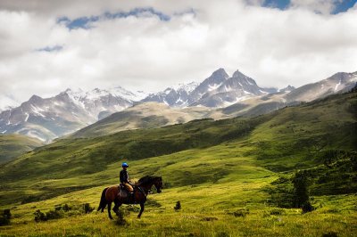 mountains, nature, landscape, hiking, forest, horse, rider, path, meadow, snow, alpine, summit, clouds, sky, summer, horse riding, outdoor, travel, adventure, scenery, pasture