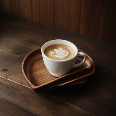 coffee mug, wooden tray, foam art, coffee beans, small bowl, lit candle, candle flame, vintage newspaper, red fabric, pinecone, moody lighting, warm aesthetic, top view, cozy morning, rustic table, caffeine, relaxation, background textures, dark food photography, green branch