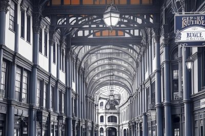 leadenhall market, historic, architecture, english, london, black and white, british, market, ceiling, interior, floor, lamp, shop, column, trading, tourist attraction, victorian, iron structure, business, covered market