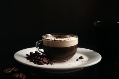 coffee, espresso, foamy drink, glass cup, cocoa powder, black surface, lighting, macro, coffee beans, coffee maker, elegant, artistic, atmospheric, chemex coffee maker, aesthetic, minimalistic, no description available, cocoa texture, culinary culture, appearance
