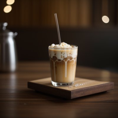 iced latte macchiato, layered espresso, milk foam, wooden spoon, chemex, coffee beans, dark textured table, metal saucer, wooden tabletop, rustic coffee maker, artistic drink, slow living, cozy morning, coffee shadow effect, warm light, wood texture, shadow play, afternoon coffee time, aesthetic photography, barista creation