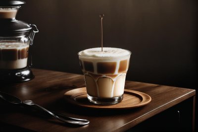 iced latte macchiato, layered espresso, milk foam, wooden spoon, chemex, coffee beans, dark textured table, metal saucer, wooden tabletop, rustic coffee maker, artistic drink, slow living, cozy morning, coffee shadow effect, warm light, wood texture, shadow play, afternoon coffee time, aesthetic photography, barista creation