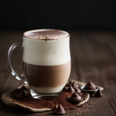 cappuccino, glass, milk foam, chocolate powder, layered coffee, coffee beans, wooden table, dark photography, coffee art, morning ritual, dense foam, morning coffee, cocoa dust, drawing, artwork, kitchen decor, artistic impression, nordic eclectic, vintage script, soft light