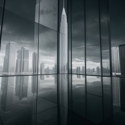 skyscraper, architecture, modern, glass, building, reflection, sunset, sky, nature, city, abstract, geometric, perspective, contemporary, future, dawn, urban, petrol, orange, clouds, constructivism