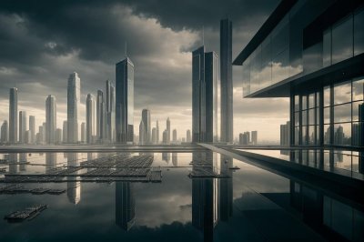skyscraper, architecture, modern, glass, building, reflection, sunset, sky, nature, city, abstract, geometric, perspective, contemporary, future, dawn, urban, petrol, orange, clouds, constructivism