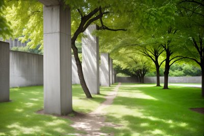 tree, wall, fence, grass, park, summer, concrete wall, public space, cultivation, outdoors, urban, sidewalk, season, green, tree painting, decorative posts, diversity, nature, ecology, symmetry, simplicity