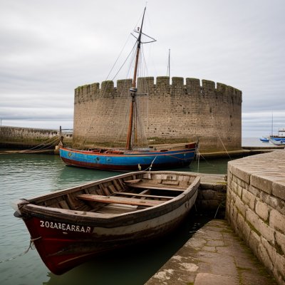 boat, harbor, fortress, fishing gear, old town, wall, ancient architecture, seagull, waterway, sea, stone structure, enclosure, sunset, tide, view, historic site, fishing harbor, nature, ocean view, historic building, harbor view