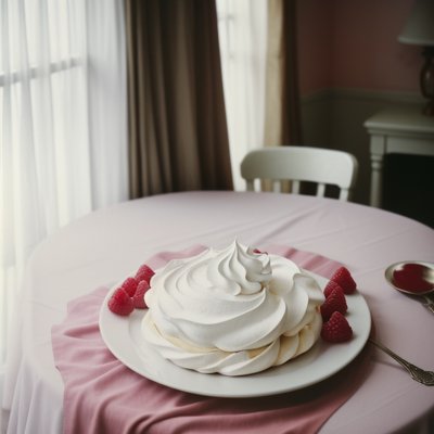 pavlova, meringue, whipped cream, raspberries, pastry chef, vanilla cream, piping bag, powdered sugar, rustic wooden table, dessert decoration, summer dessert, kitchen background, culinary art, crisp crust, marshmallow center, pastry tip, food styling, close-up baking, stand mixer, artisanal pastry