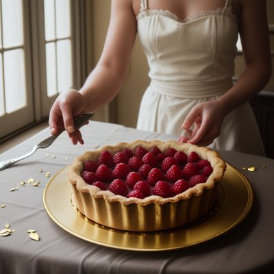 pastry chef hand, raspberry tart, chocolate glaze, gold leaf accents, luxury pastry, chocolate crust, fruit and chocolate, close up shot, marble counter, baking art, tart, elegant presentation, fresh raspberries, food decoration, luxury dessert, instant meringue, ripple effect, precision presentation, chocolate plate, confectionery