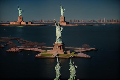 statue of liberty, new york, ellis island, world heritage icon, monument, tourist attraction, american symbol, freedom, historic site, nature, ocean, skyscraper, blue sky, city, hudson river, usa, port city, tourism, summer, panorama, bay, natural beauty