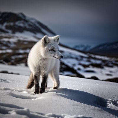 arctic fox, snow, winter, mountains, wildlife, fur, stance, alert, cold climate, tundra, fluffy tail, subzero, solo animal, black nose, keen eyesight, harsh weather, nature, rocks, thick fur, fox species