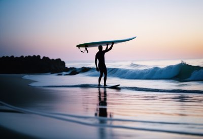 surfer, surfboard, nature, sunrise, silhouette, ocean, water reflection, sunday afternoon, waves, wet sand, coastal scenery, sunset, pink horizon, active lifestyle, recreation, sport, leisure, tranquility, evening, travel