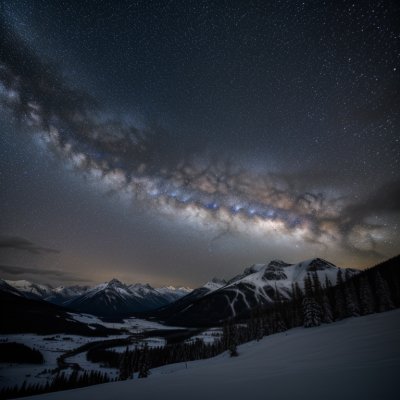 night sky, milky way, stars, mountains, snowy, natural scenery, beauty, winter landscape, universe, astrology, astronomy, nature, northern star, darkness, awe, silence, tranquility, night, panorama, calm atmosphere