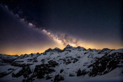 night sky, milky way, stars, mountains, snowy, natural scenery, beauty, winter landscape, universe, astrology, astronomy, nature, northern star, darkness, awe, silence, tranquility, night, panorama, calm atmosphere