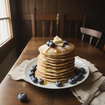 pancakes, blueberries, maple syrup, butter, wooden table, food styling, breakfast, powdered sugar, syrup drizzle, blue plate, fresh berries, leisure, warm morning, artistic photography, cast iron, rustic, linen, soft, comfort food, fork