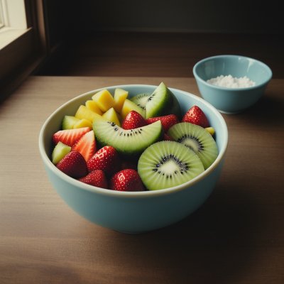 fruit bowl, healthy snack, mango, strawberries, kiwi, blueberries, fresh fruit, mint leaves, rustic ceramic bowl, summer food, wooden table, serving spoons, salt, dark lighting, vibrant colors, vitamins, clean eating, vegetarian, dessert salad, fresh produce
