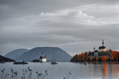castle, lake, gmunden, austria, island, fall, cloudy, landscape, water, spring, nature, town, tree, travel, panorama, blue, austrian alps, hiking, traunsee lake, mist, Gmunden, Upper Austria, Austria