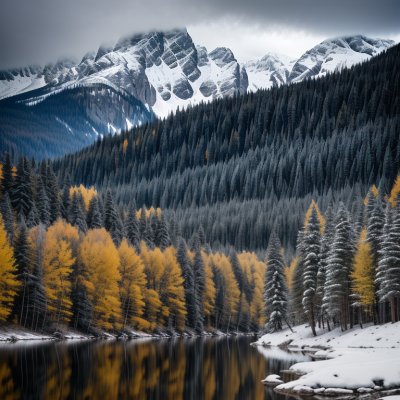 mountains, lake, snow, autumn, coniferous trees, deciduous trees, wood, reflections, natural landscape, valley, winter landscape, gravel banks, nature, calm water, silence, zones, national park, panorama, light, hiking