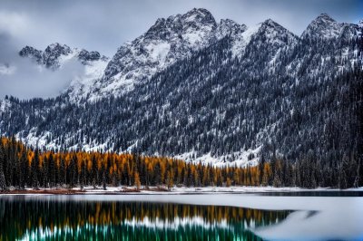 mountains, lake, snow, autumn, coniferous trees, deciduous trees, wood, reflections, natural landscape, valley, winter landscape, gravel banks, nature, calm water, silence, zones, national park, panorama, light, hiking
