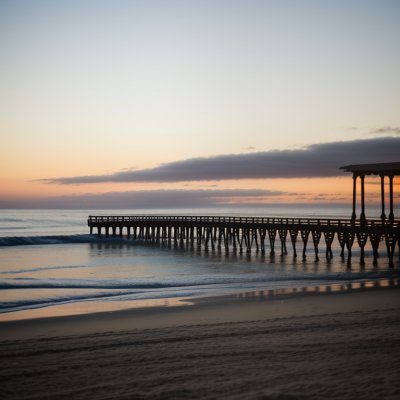 pier, sea, sunset, ocean, california, nature, beach, sand, architecture, wooden structure, lone person, evening, celestial, blue sky, reflection, dawn, water surface, west coast, cabin, balustrade, United States, Santa Barbara, California