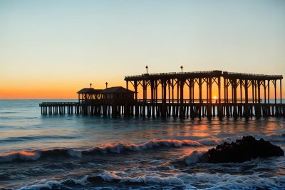 pier, sea, sunset, ocean, california, nature, beach, sand, architecture, wooden structure, lone person, evening, celestial, blue sky, reflection, dawn, water surface, west coast, cabin, balustrade, United States, Santa Barbara, California