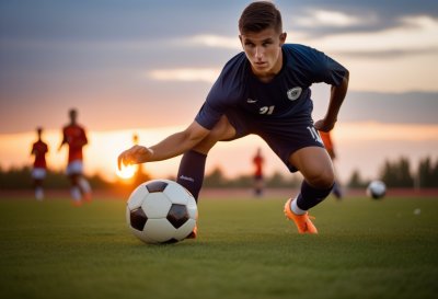 soccer, player, athlete, training, practice, sunrise, sunset, golden, light, warm, field, grass, goal, nature, stadium, ball, focus, silhouette, outdoors, sport, preparation