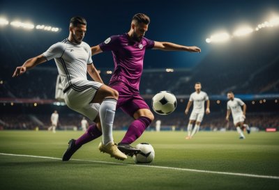 soccer, striker, penalty, goalkeeper, goal, match, stadium, sport, action, competition, intensity, night, energy, focus, dynamic, field, drama, football player, shot, effort