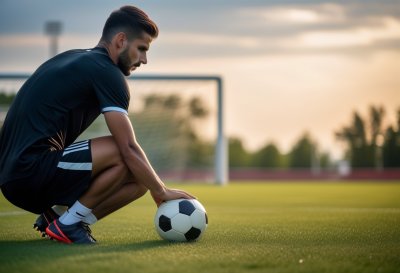 soccer, player, training, preparation, shoes, field, grass, sunset, cones, stadium, focus, outdoors, dedication, routine, nature, warm, golden, readiness, discipline, sport, golden light