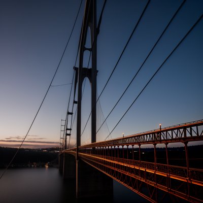 bridge, nature, suspension, cable, architecture, structure, night, twilight, purple sky, long exposure, light trails, river, water, traffic, highway, transportation, engineering, landmark, dusk, evening, infrastructure, dark, moody