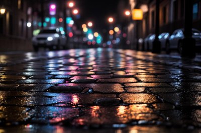 rain, cobblestone, neon, reflection, wet road, evening, urban, alley, night city, bars, puddle, jazz club, wet, bokeh, texture, night photography, colorful light, nature, tribute band, dark, retro, pavement