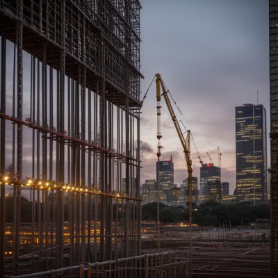 construction site, steel frame, crane, city skyline, twilight, nature, sunset, industrial, urban, architecture, engineering, development, building, light trails, workers, safety net, scaffold, perspective, geometry, evening, infrastructure, view
