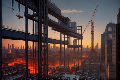 construction site, steel frame, crane, city skyline, twilight, nature, sunset, industrial, urban, architecture, engineering, development, building, light trails, workers, safety net, scaffold, perspective, geometry, evening, infrastructure, view