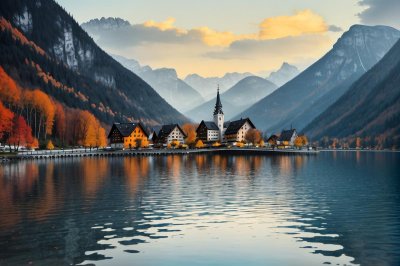 austria, hallstatt, lake, mountain lake, autumn, mountains, tranquility, fog, village, nature, idyll, architecture, reflection, morning, calm, tourism, riverside, ales, cosy, prosaic, darkness, balsam