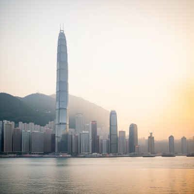 hongkong, cityscape, panorama, skyscraper, sunset, building, pier, tower, evening, city, sea, boat, urban, horizon, island, glow, water, nature, west
