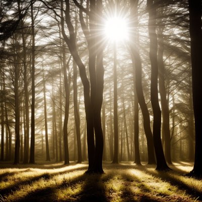 forest, trees, sunlight, sunburst, nature, woodland, hillside, morning, sunrise, rays, backlight, shadows, golden hour, peaceful, grass, green, trunks, branches