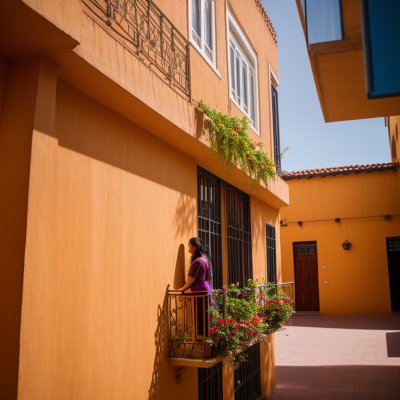building, window, vibrant colors, architecture, person, woman, roof, sand, view from below, person waving, woman in doorway, outdoors, balcony, stone, cloudy sky, texture, rural scene, picturesque, light impact, red