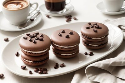 dessert, coffee, macaron, chocolate, coffee beans, espresso, ceramic plate, gold decoration, culinary presentation, whipped cream, decadent, gourmet, sweetness, delicate, beautiful, pastry, decorative, bakery, baking gallery