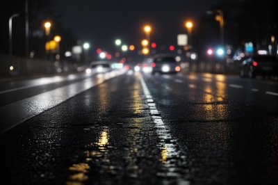 street, night, city, wet, road, lane marking, asphalt, dark, urban, transportation, traffic, black, white, cityscape, light, blur, bokeh, surface, rain, rainy, pavement