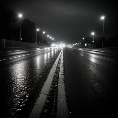 street, night, city, wet, road, lane marking, asphalt, dark, urban, transportation, traffic, black, white, cityscape, light, blur, bokeh, surface, rain, rainy, pavement